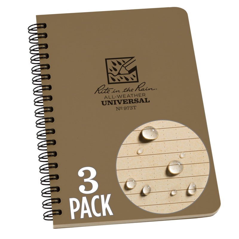 Rite in the Rain Weatherproof Side Spiral Notebook, 4.625" x 7", Tan Cover, Universal Pattern, 3 Pack (No. 973TL3) - Image 1
